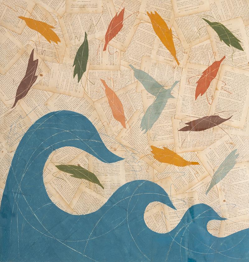 3rd Grade Reader: Figurative Zeichnung von Federn und blauer Welle auf antikem Papier