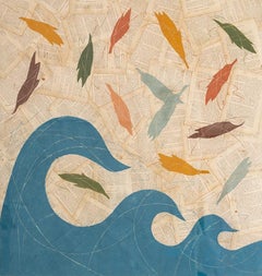3rd Grade Reader: Figurative Zeichnung von Federn und blauer Welle auf antikem Papier