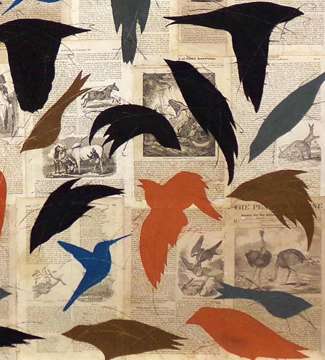 Crowded Sky (Klek und pastellfarbene Vögel auf gestaffelter Papieroberfläche) (Moderne), Art, von Louise Laplante