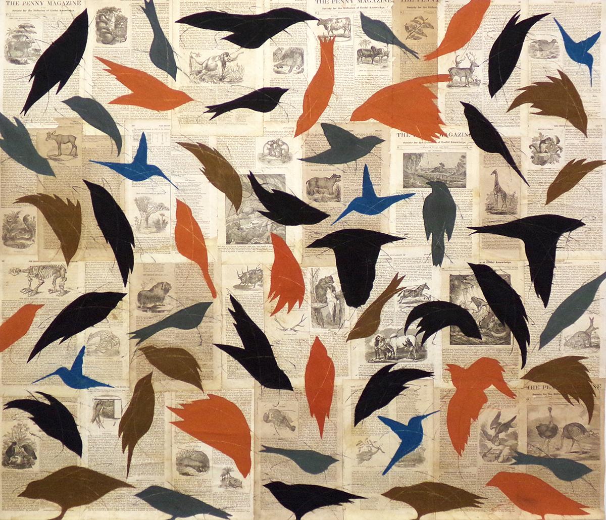 Crowded Sky (Klek und pastellfarbene Vögel auf gestaffelter Papieroberfläche) – Art von Louise Laplante