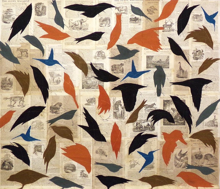 Crowded Sky (Chalk and Pastel Birds over Collaged Paper Surface) - Art by Louise Laplante