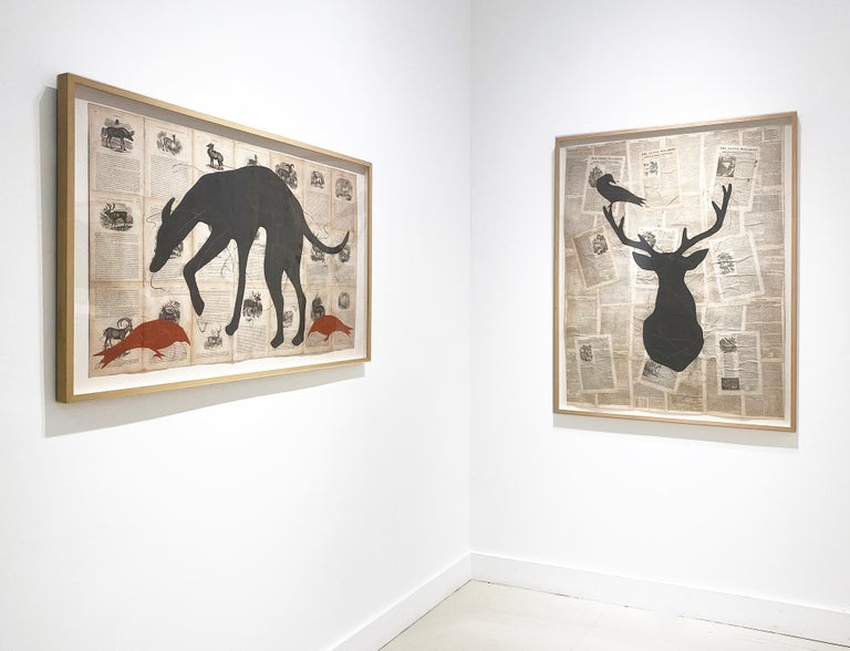 Figurative chalk drawing of black Greyhound dog and red birds on vintage collaged book pages
'The Searchers' by Louise Laplante in 2022
chalk on vintage collaged book pages
28 x 46 1/2 inches unframed, 32 x 52 inches in natural wood frame with