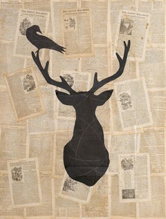 Trophäe (Figurative Chalk-Zeichnung eines Hirschs auf Vintage-Seiten des Penny Magazine)