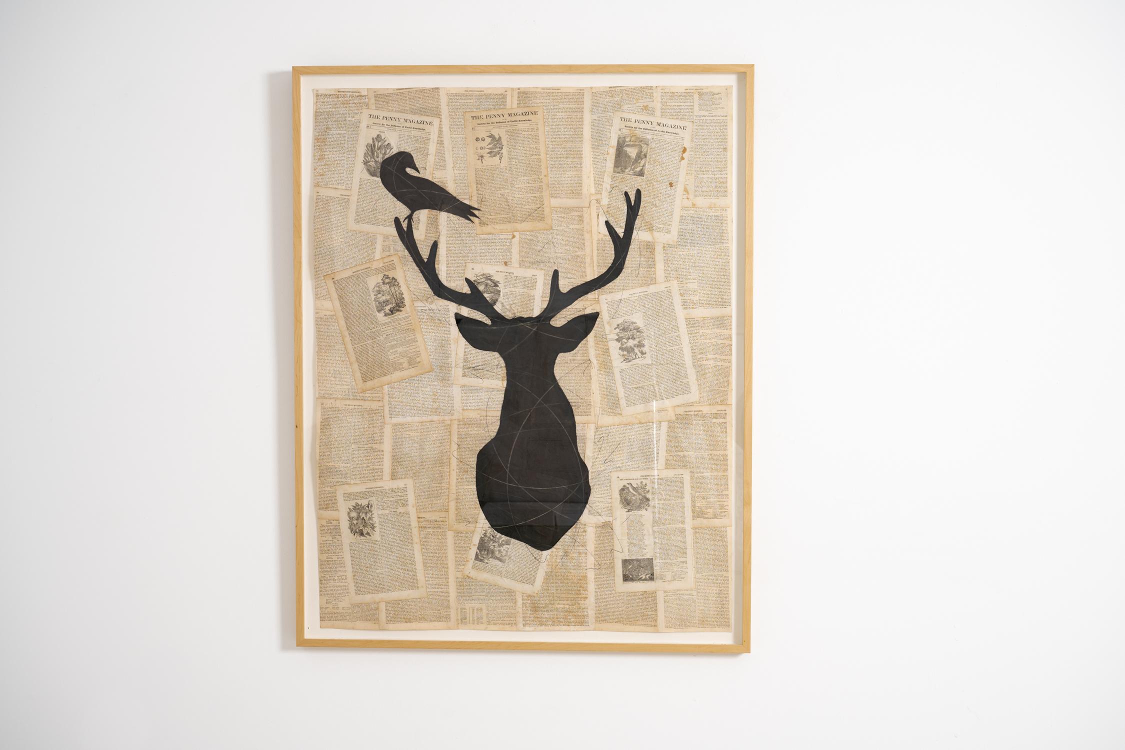 Trophy ((Figurative Chalk Drawing of a Stag on Vintage Pages of Penny Magazine) - Art by Louise Laplante