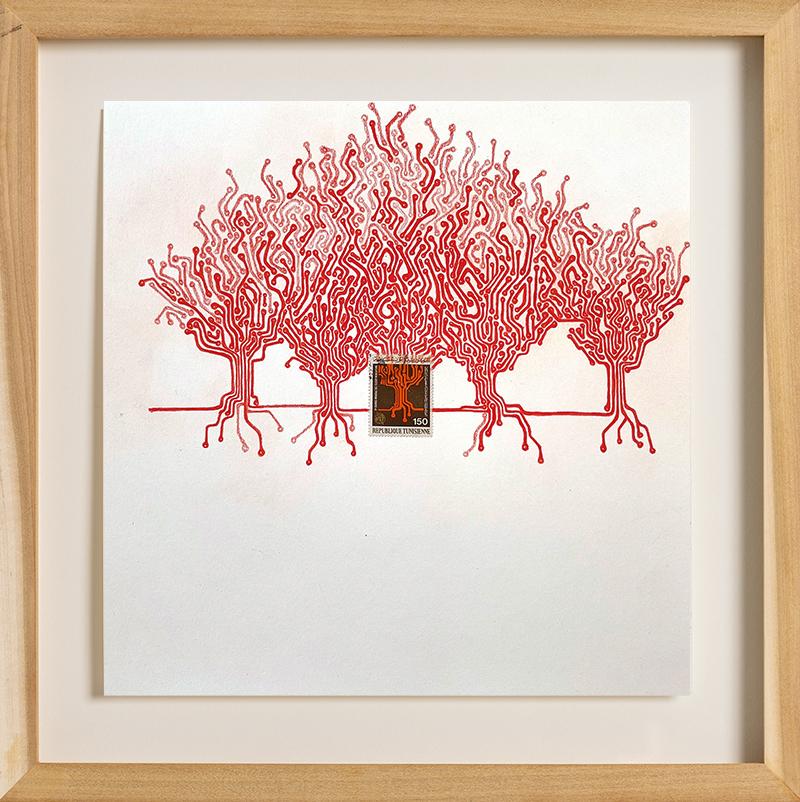 Tunisia, Red Trees: Colored Pencil Drawing & Unique Stamp by Andrea Moreau
colored pencil and postage stamp on paper
11 x 11 inches
15 x 15 inches framed

Artist Statement:
My drawings function as personal interpretations of political or commercial