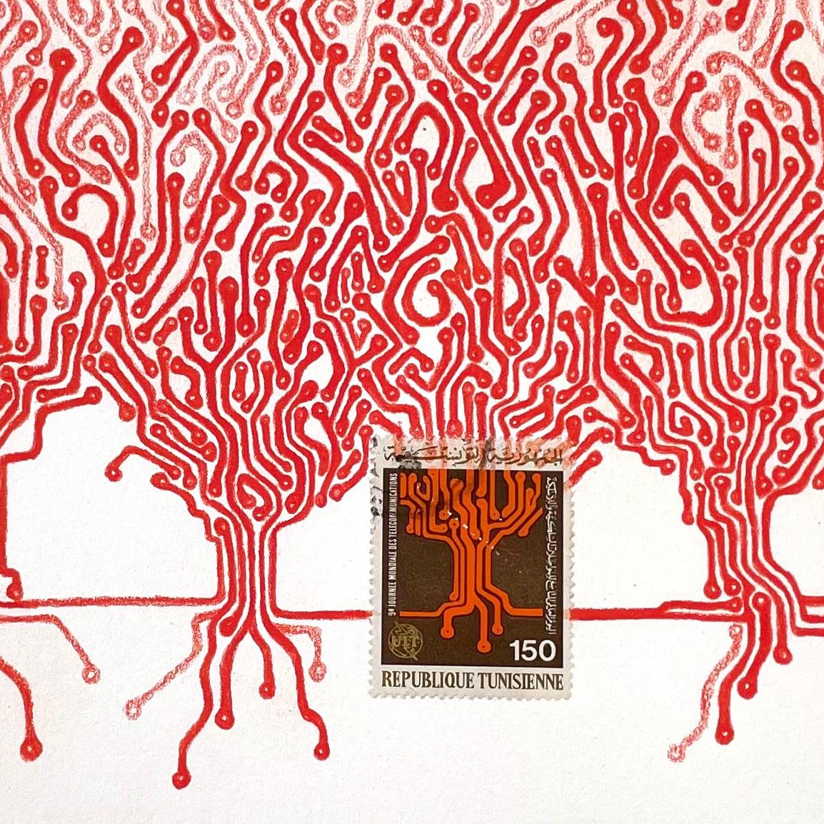 Túnez, árboles rojos (Dibujo a lápiz de color y sello único de Andrea Moreau) en venta 2