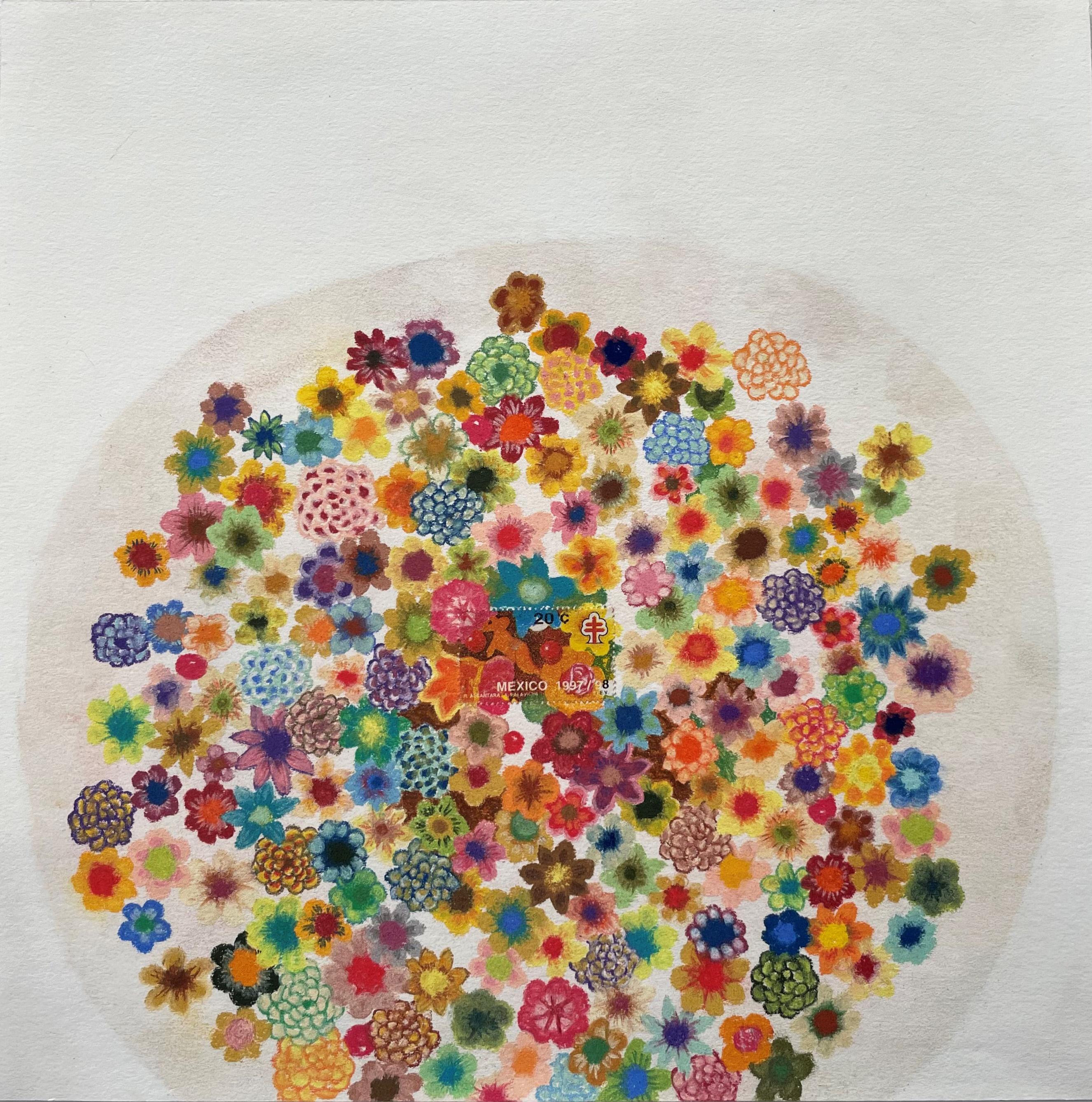 Figurative Art Andrea Moreau - Mexique (Flowers) #15 ( Timbre crayon et timbre-poste couleur sur papier, encadré)