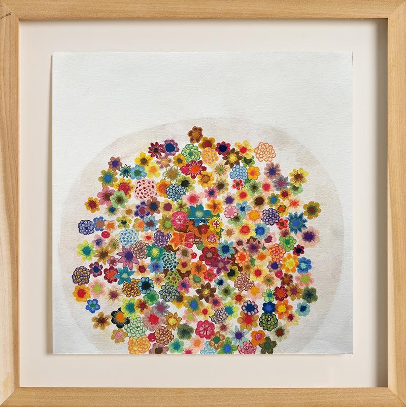 Mexico (Flowers) #15 (Colored Pencil and Postage Stamp on Paper, Framed) - Art by Andrea Moreau