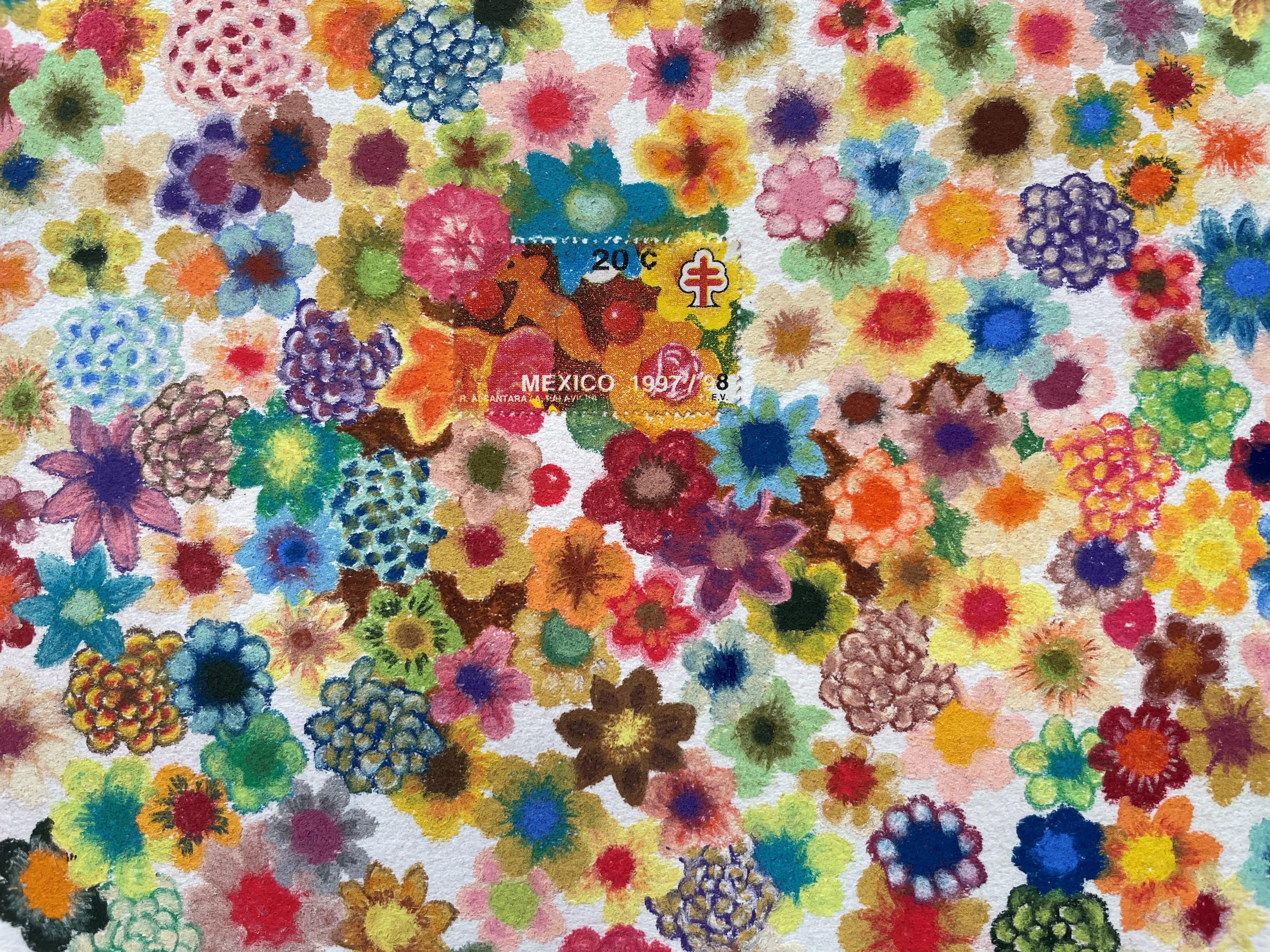 Mexiko (Flowers) #15 (Farbiger Bleistift und Postage-Stempel auf Papier, gerahmt) (Zeitgenössisch), Art, von Andrea Moreau