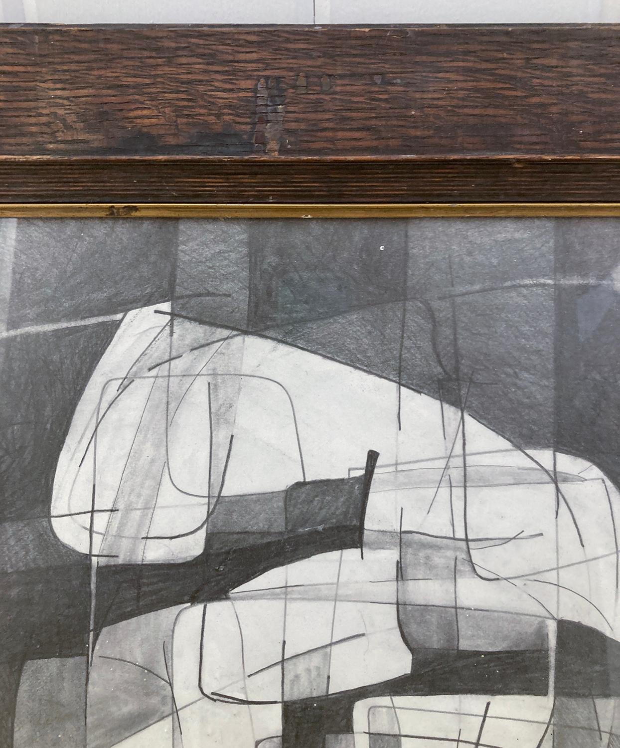 Figurative abstract cubist style drawing in an antique wood frame, inspired by artwork by Graham Sutherland 
“Sutherland Project IX” by Hudson Valley artist, David Dew Bruner, made in 2015
19 x 14 inch graphite on paper drawing in a 26 x 20 inch