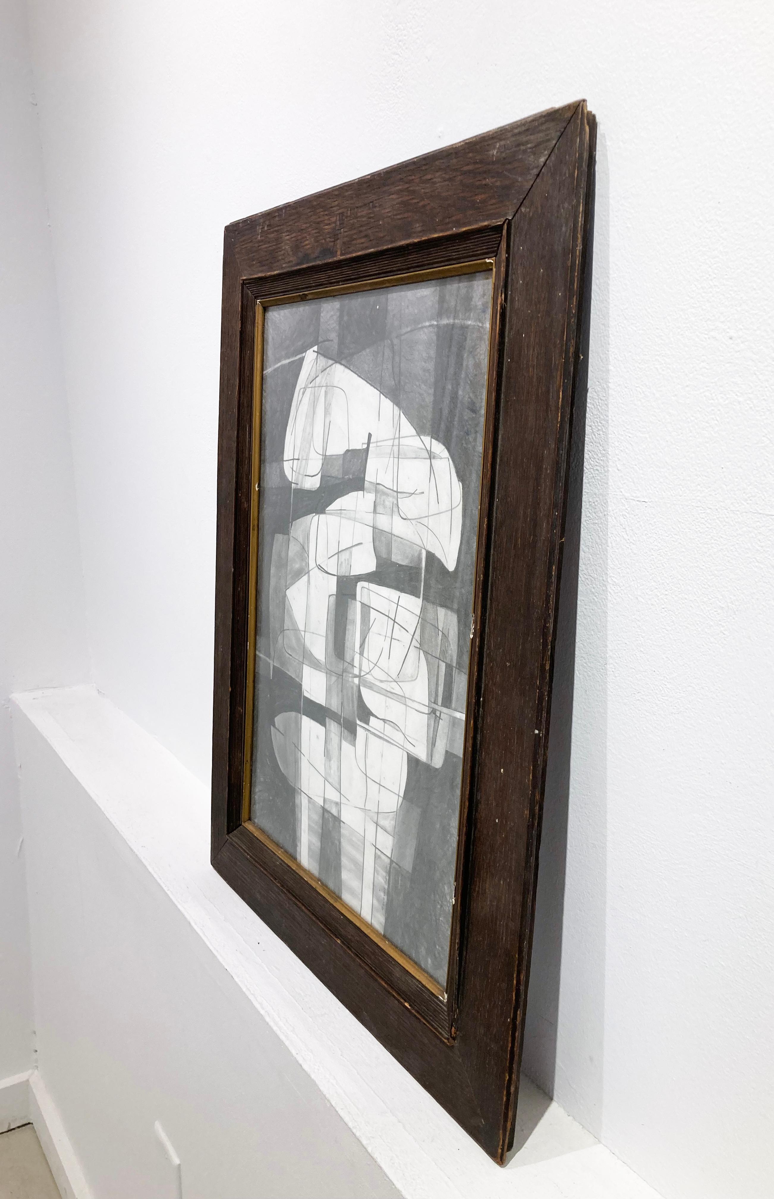 Sutherland Project IX: Cubist Abstract Graphite Drawing with Antique Frame  - Art by David Dew Bruner