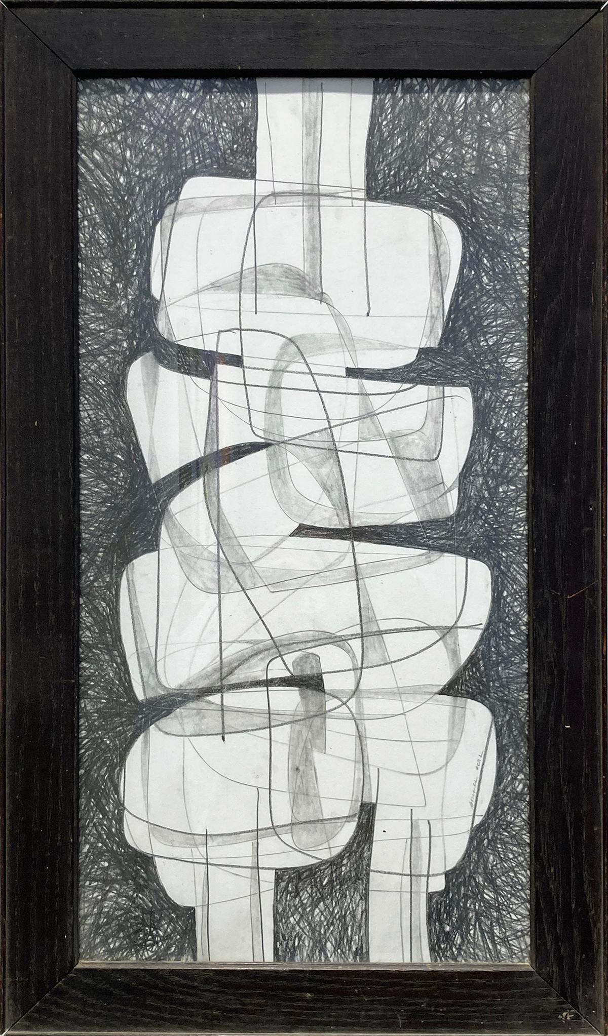 David Dew Bruner Figurative Art - Sutherland Project VII: Cubist Abstract Graphite Drawing with Antique Frame 