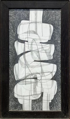 projet Sutherland VII : dessin cubiste abstrait en graphite avec cadre ancien