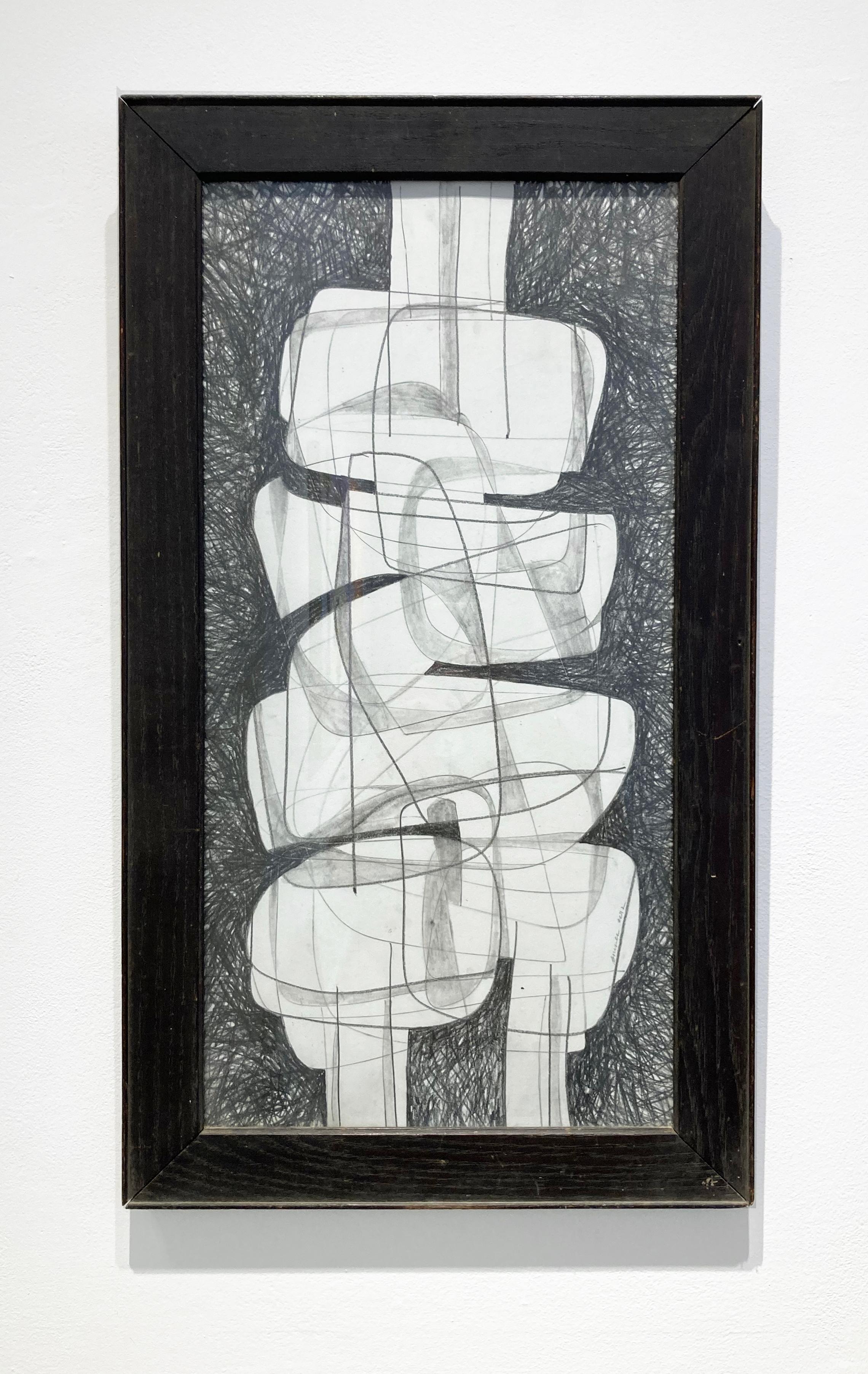 Sutherland Project VII: Kubistische abstrakte Graphitzeichnung mit antikem Rahmen  – Art von David Dew Bruner