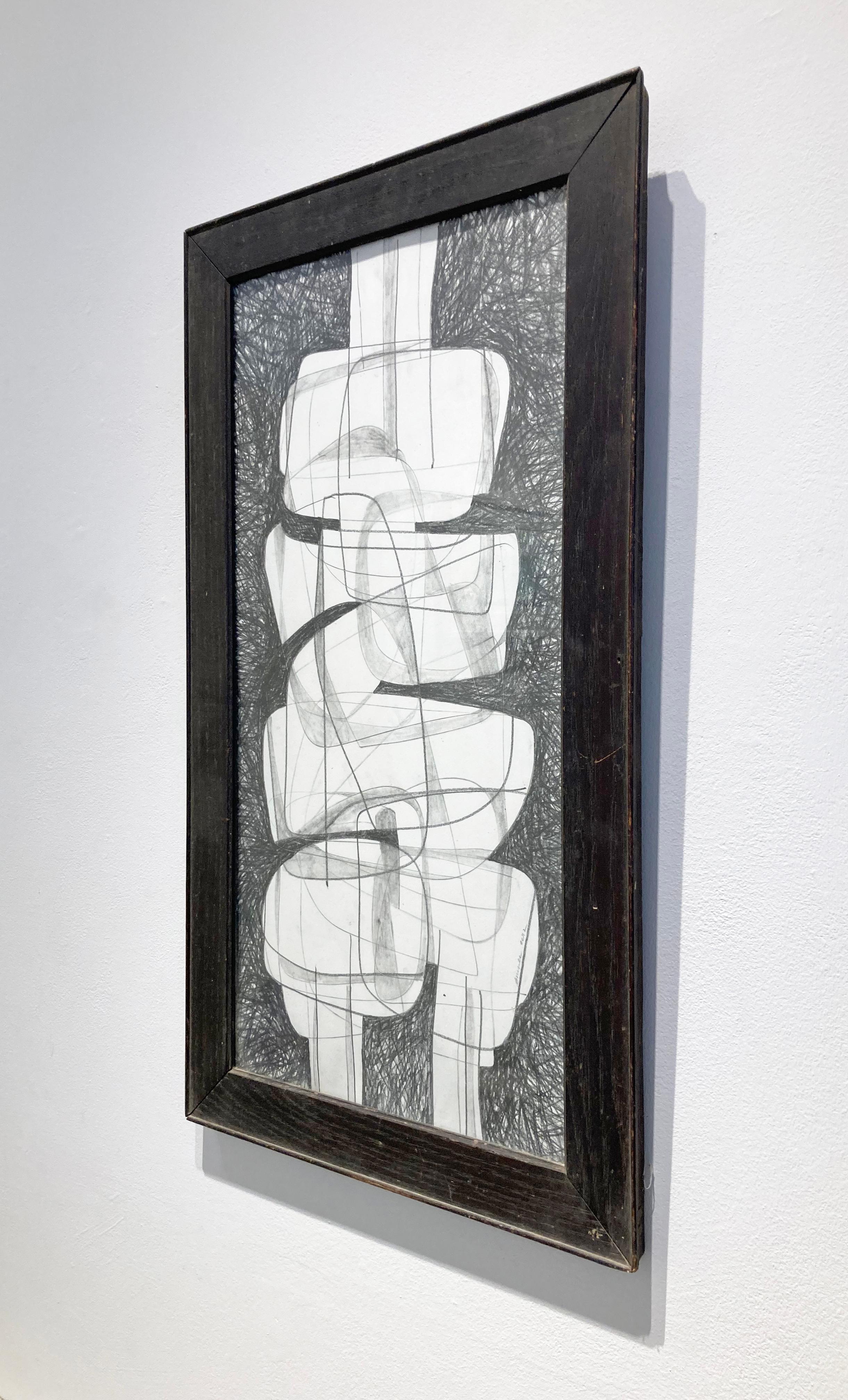 Figurative abstract cubist style drawing in an antique wood frame, inspired by artwork by Graham Sutherland 
“Sutherland Project VII” by Hudson Valley artist, David Dew Bruner, made in 2015
23.5 x 11.5 inch graphite on paper drawing in a 27.5 x 15.5