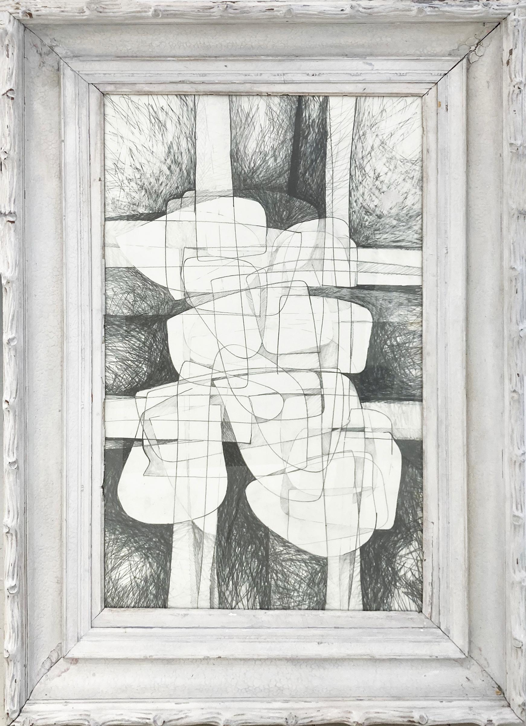 David Dew Bruner Figurative Art - Sutherland Project X: Cubist Abstract Graphite Drawing with Antique White Frame 