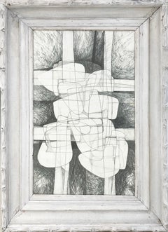 Sutherland Project X: Cubist Abstract Graphite Drawing with Antique White Frame 