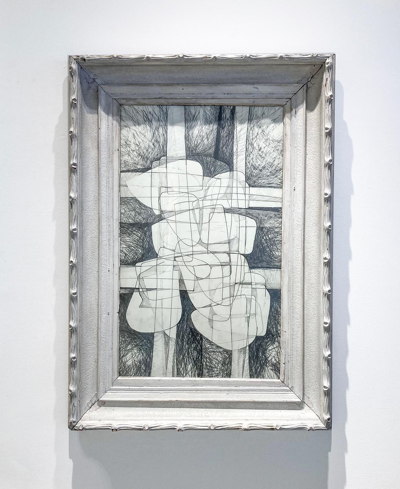Sutherland Project X: Cubist Abstract Graphite Drawing with Antique White Frame  - Art by David Dew Bruner