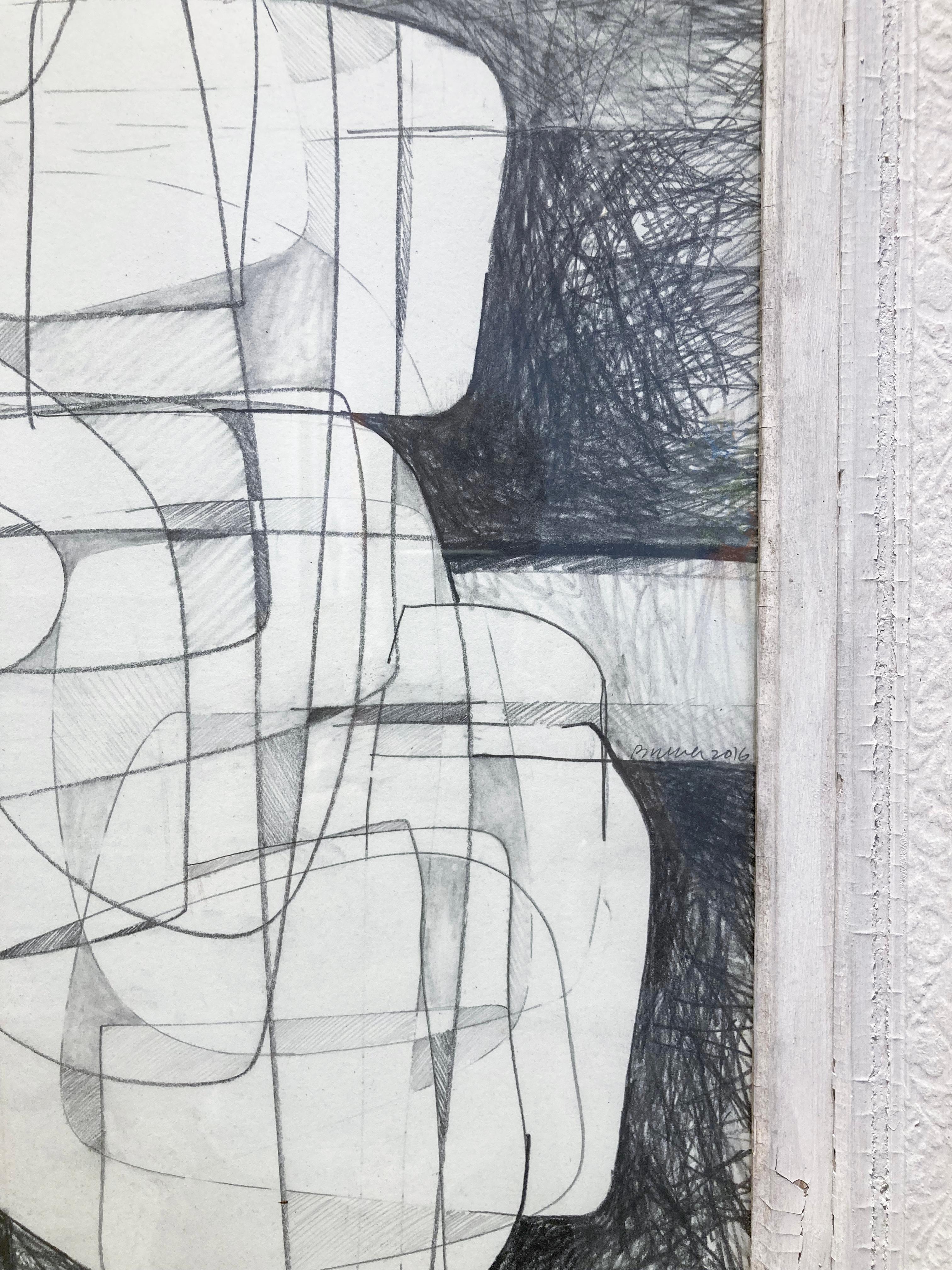 Sutherland Project X: Cubist Abstract Graphite Drawing with Antique White Frame  4
