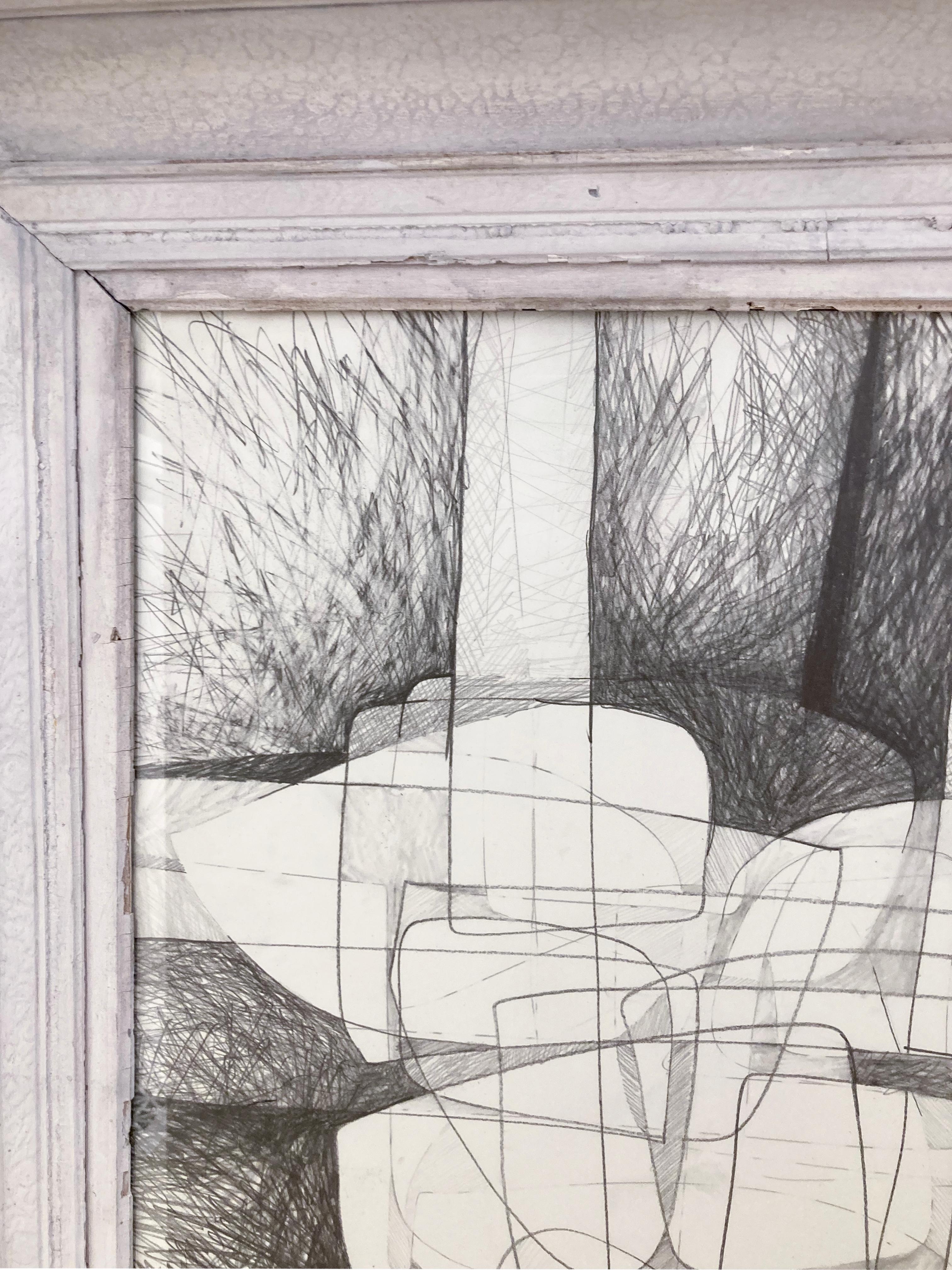 Sutherland Project X: Cubist Abstract Graphite Drawing with Antique White Frame  5