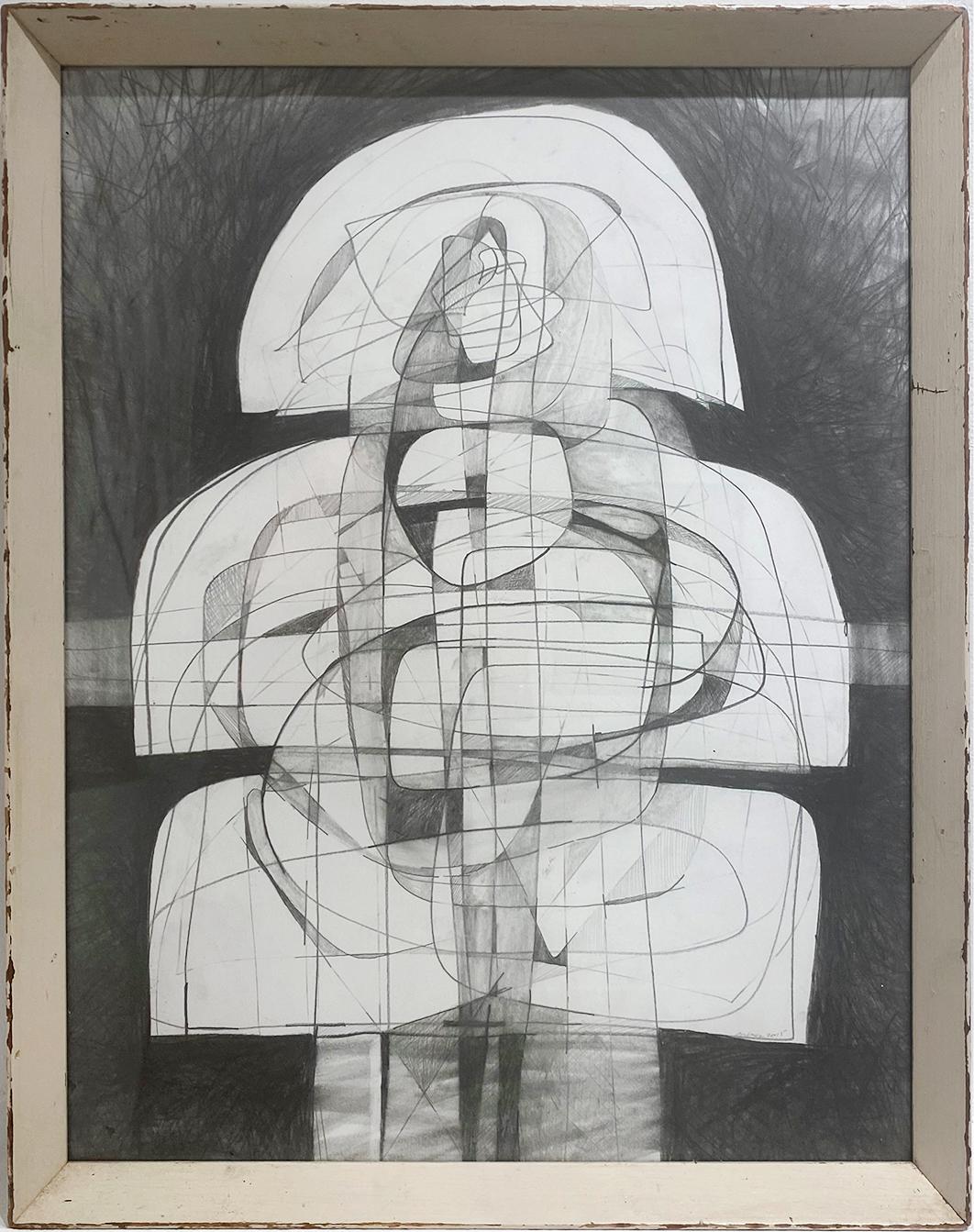 David Dew Bruner Abstract Drawing – Infanta IV: Figurative kubistische abstrakte Graphitzeichnung mit antikem Rahmen 