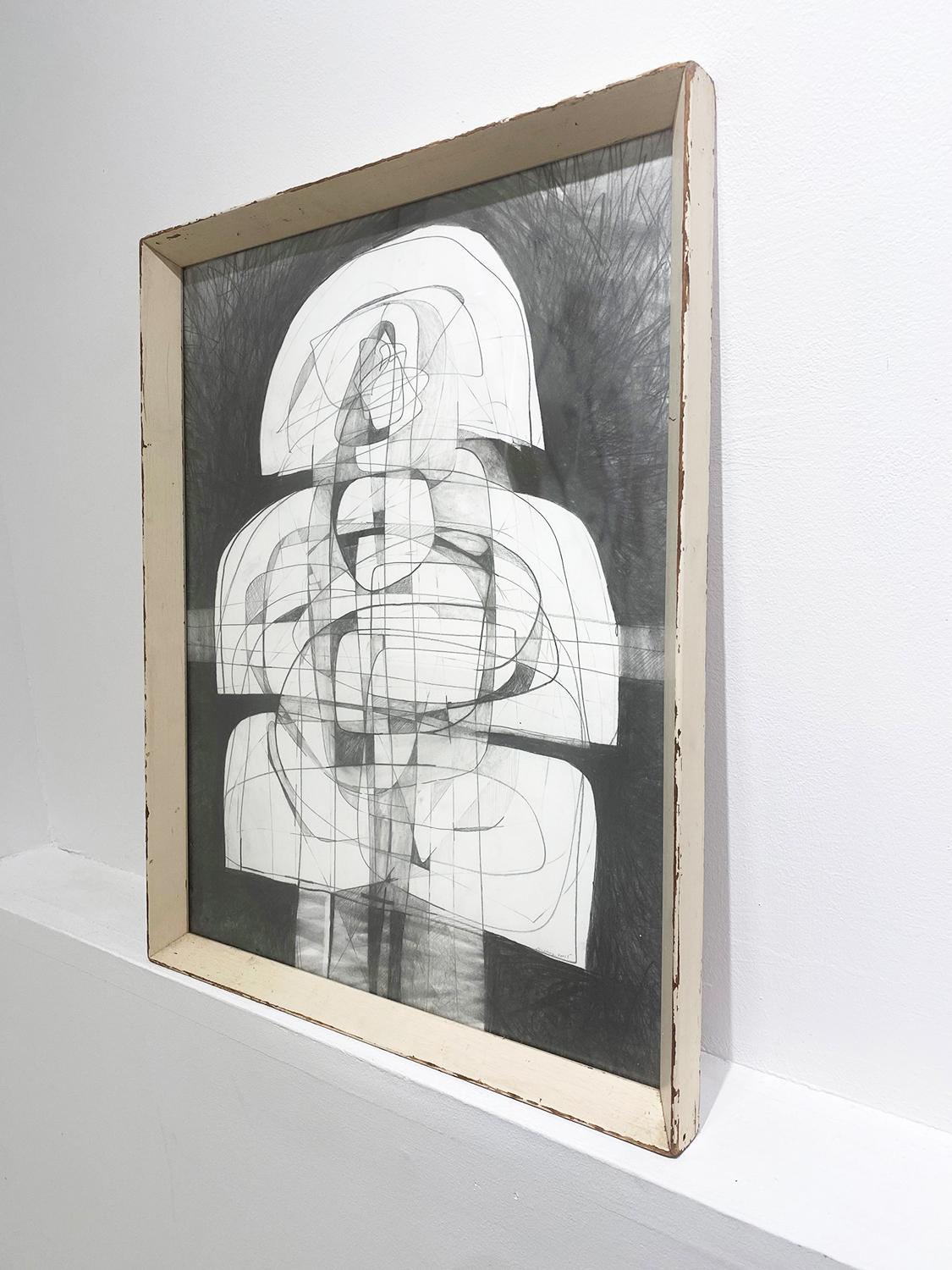 Infanta IV: Figurative kubistische abstrakte Graphitzeichnung mit antikem Rahmen  (Abstrakt), Art, von David Dew Bruner