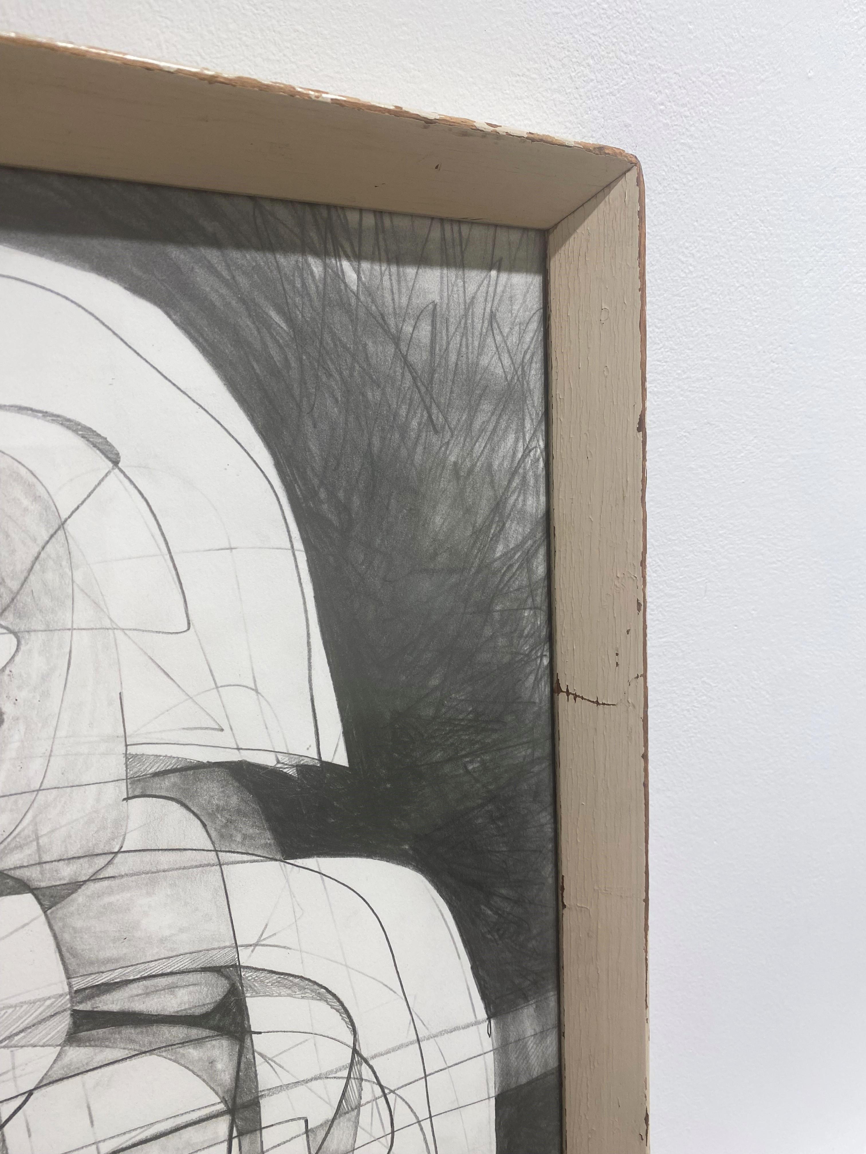 Figurative abstract cubist style drawing inspired by the Infanta Margarita in an antique gold frame 
“Infanta IV” by Hudson Valley artist, David Dew Bruner, made in 2015
23 x 18 inch graphite on paper drawing in a 24.5 x 19.25 inch antique painted