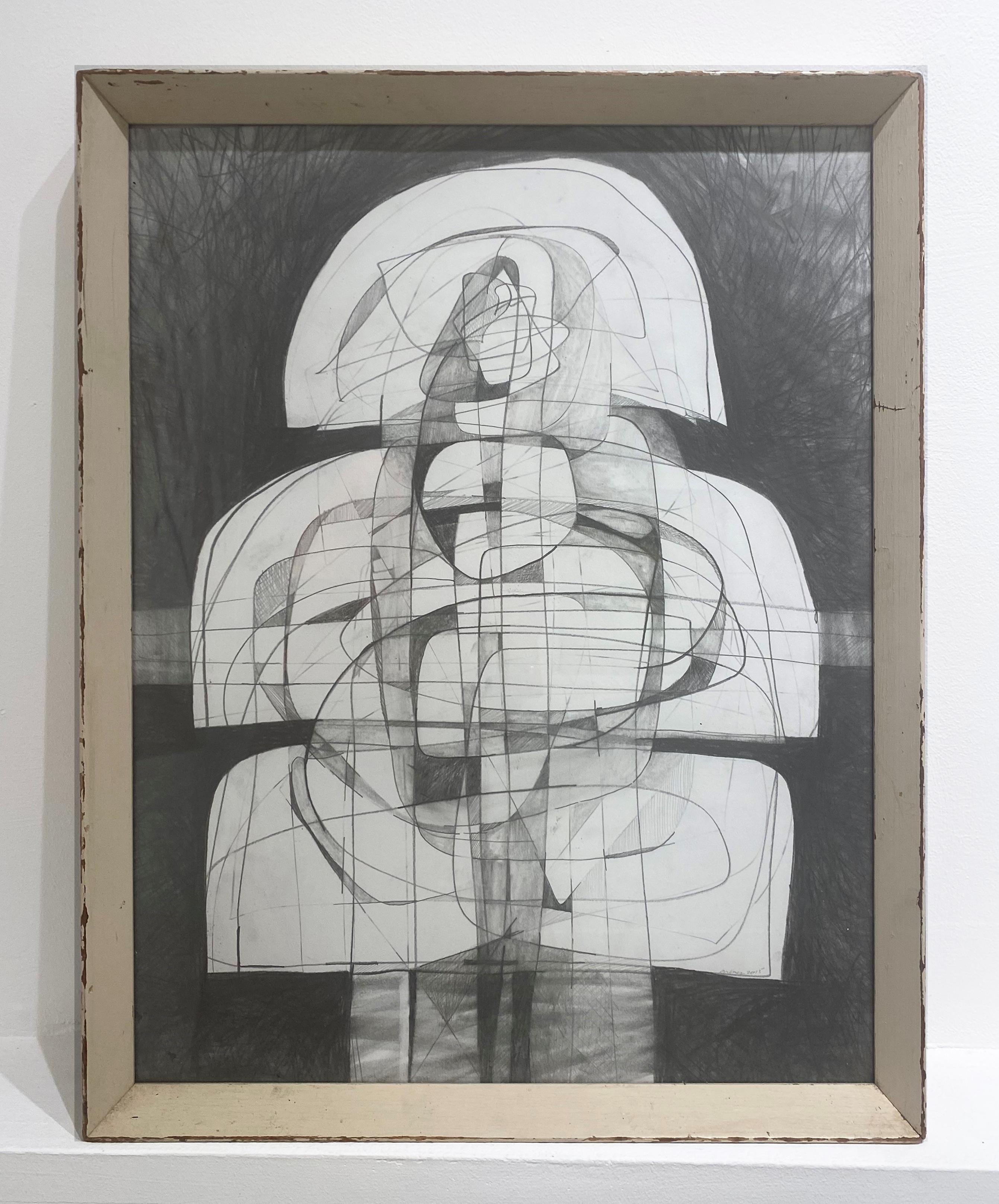 Infanta IV: Figurative Cubist Abstract Graphite Drawing with Antique Frame  - Art by David Dew Bruner