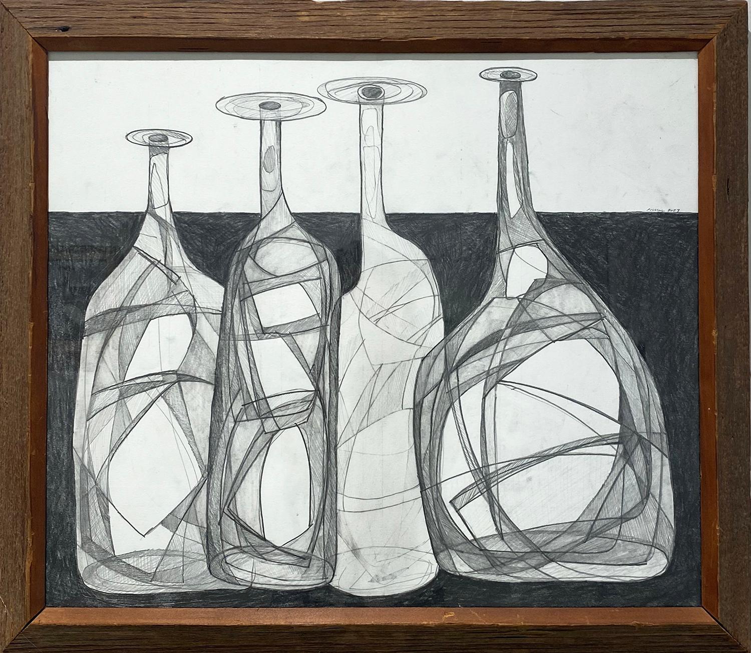 Abstract Drawing David Dew Bruner - Morandi 17 : Nature morte à la bouteille Morandi, style cubiste abstrait Dessin au crayon