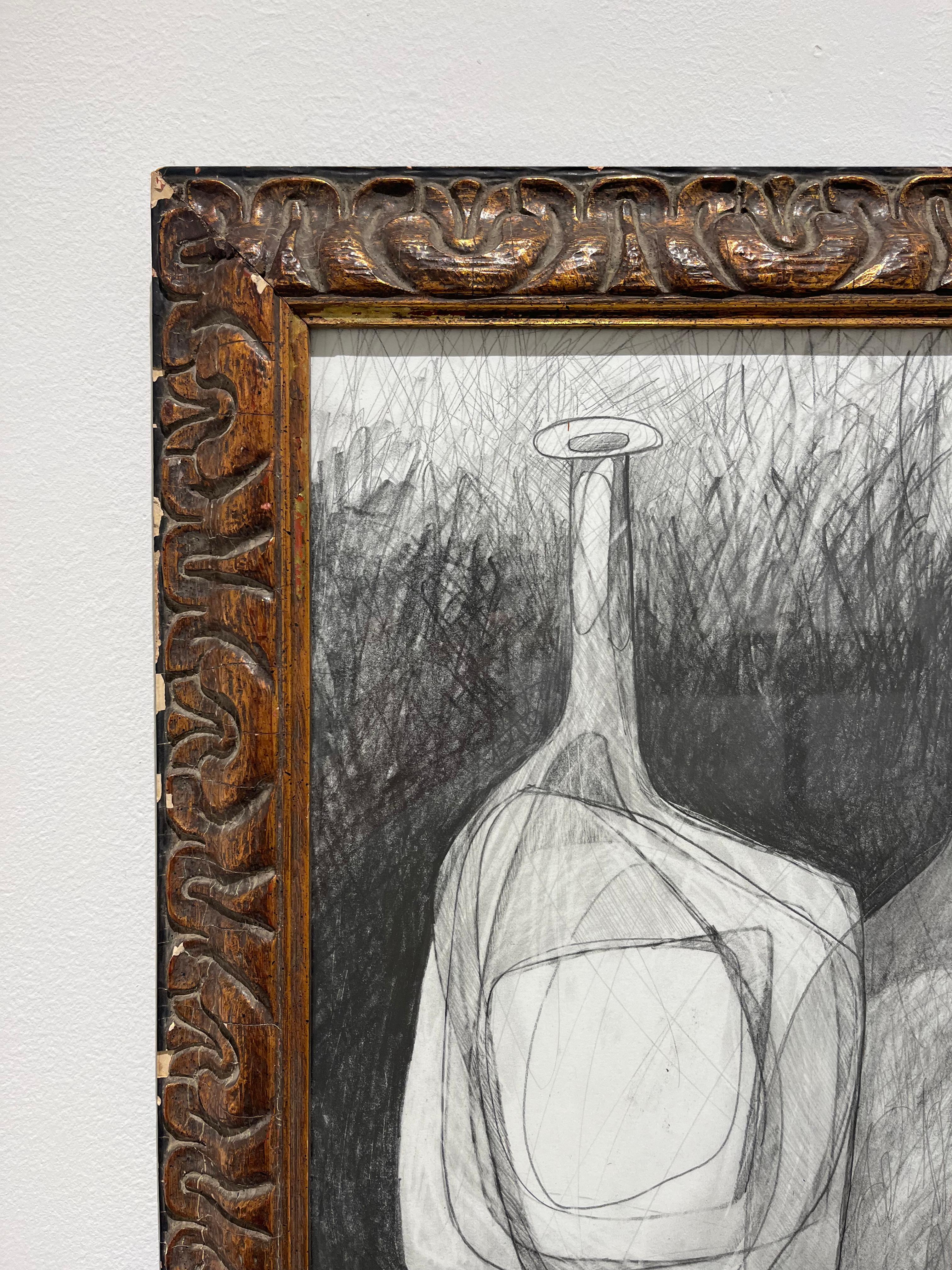 Morandi 15: Disegno a matita di una natura morta astratta in stile cubista di una bottiglia Morandi - Art di David Dew Bruner