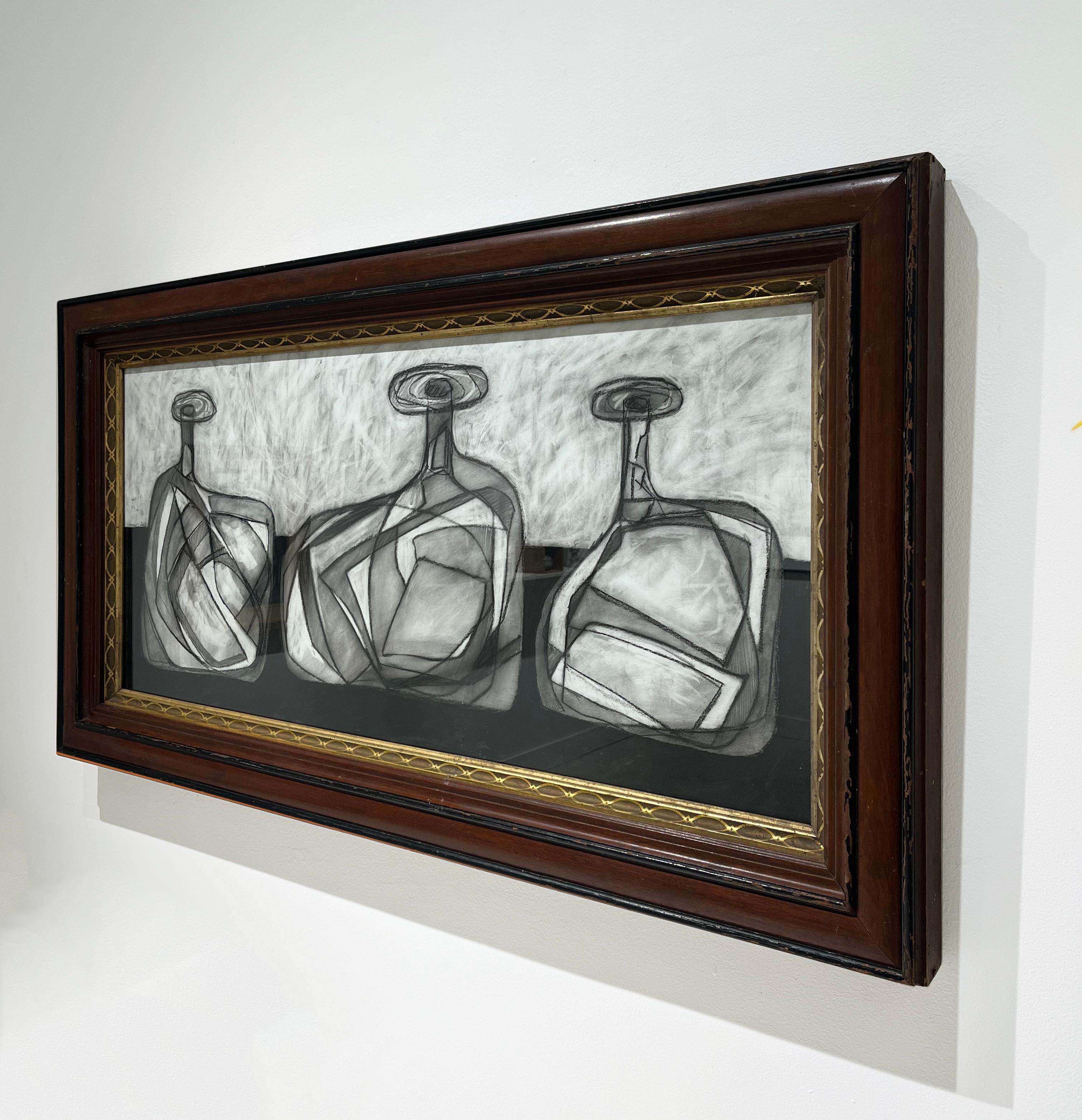 Morandi 14 : Nature morte contemporaine Dessin au graphite de bouteilles dans un cadre vintage - Abstrait Art par David Dew Bruner