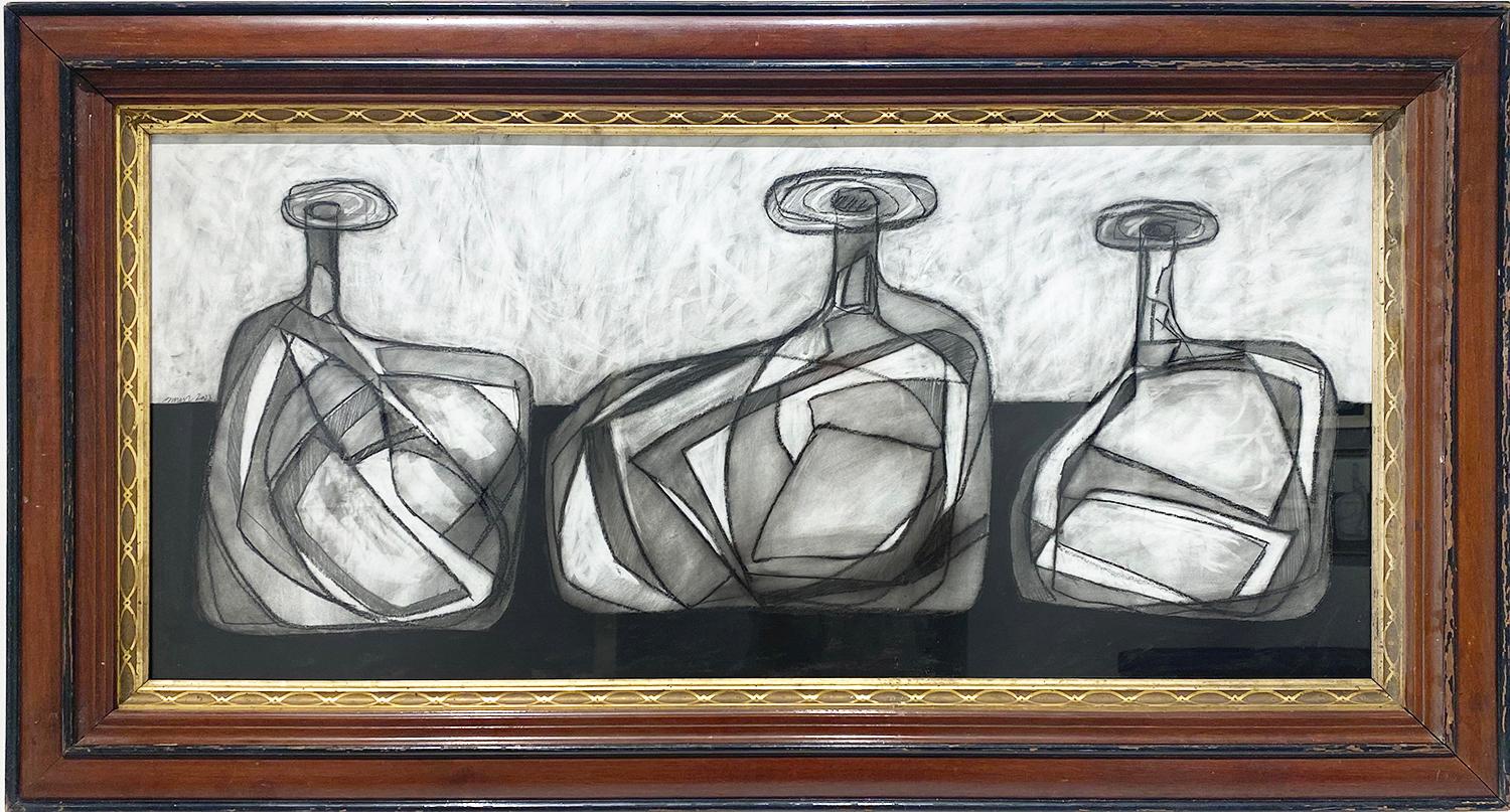 Morandi 14 : Nature morte contemporaine Dessin au graphite de bouteilles dans un cadre vintage