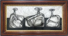 Morandi 14: Contemporary Still Life Graphite Drawing of Bottles in Vintage Frame