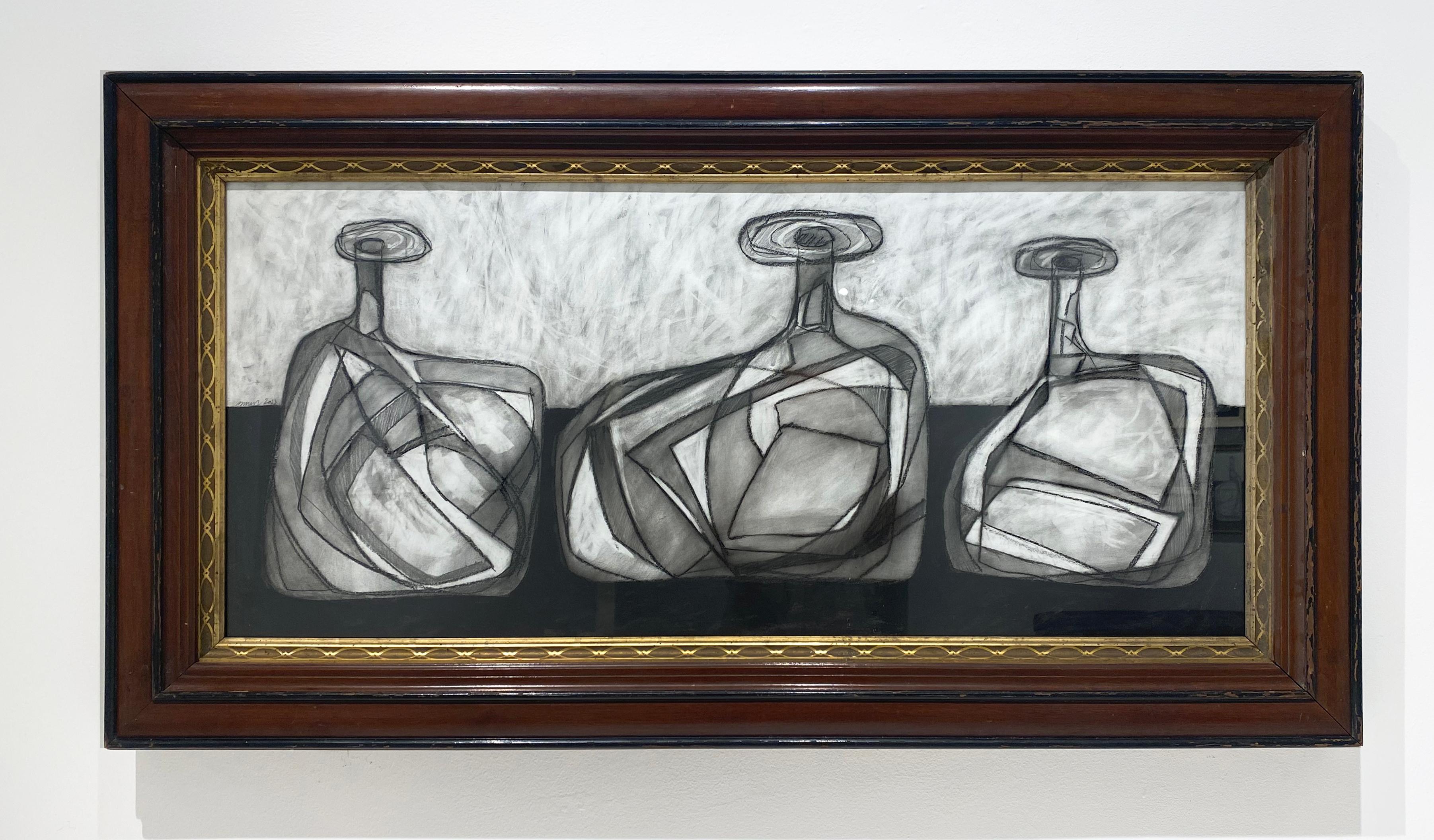 Morandi 14: Contemporary Still Life Graphite Drawing of Bottles in Vintage Frame - Art by David Dew Bruner