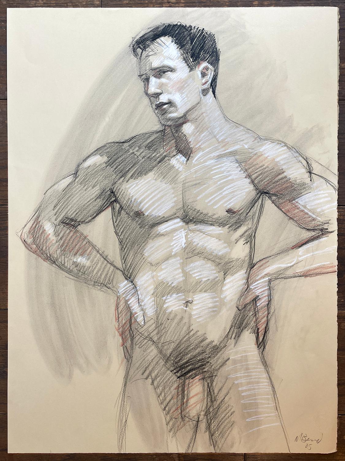 Academic life drawing of a male nude with charcoal and graphite by Mark Beard, "MB 079"
graphite, Conte crayon and charcoal on Arches paper
30 x 22 inches unframed
Signed, lower right

Contemporary figurative life study drawing of a male nude in