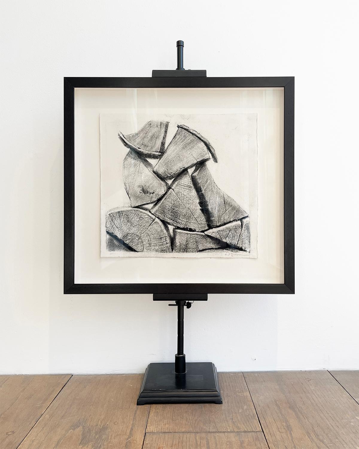 Gebäude (Fotorealistische schwarz-weiße Kohlezeichnung einer Holzflor auf Papier) 2