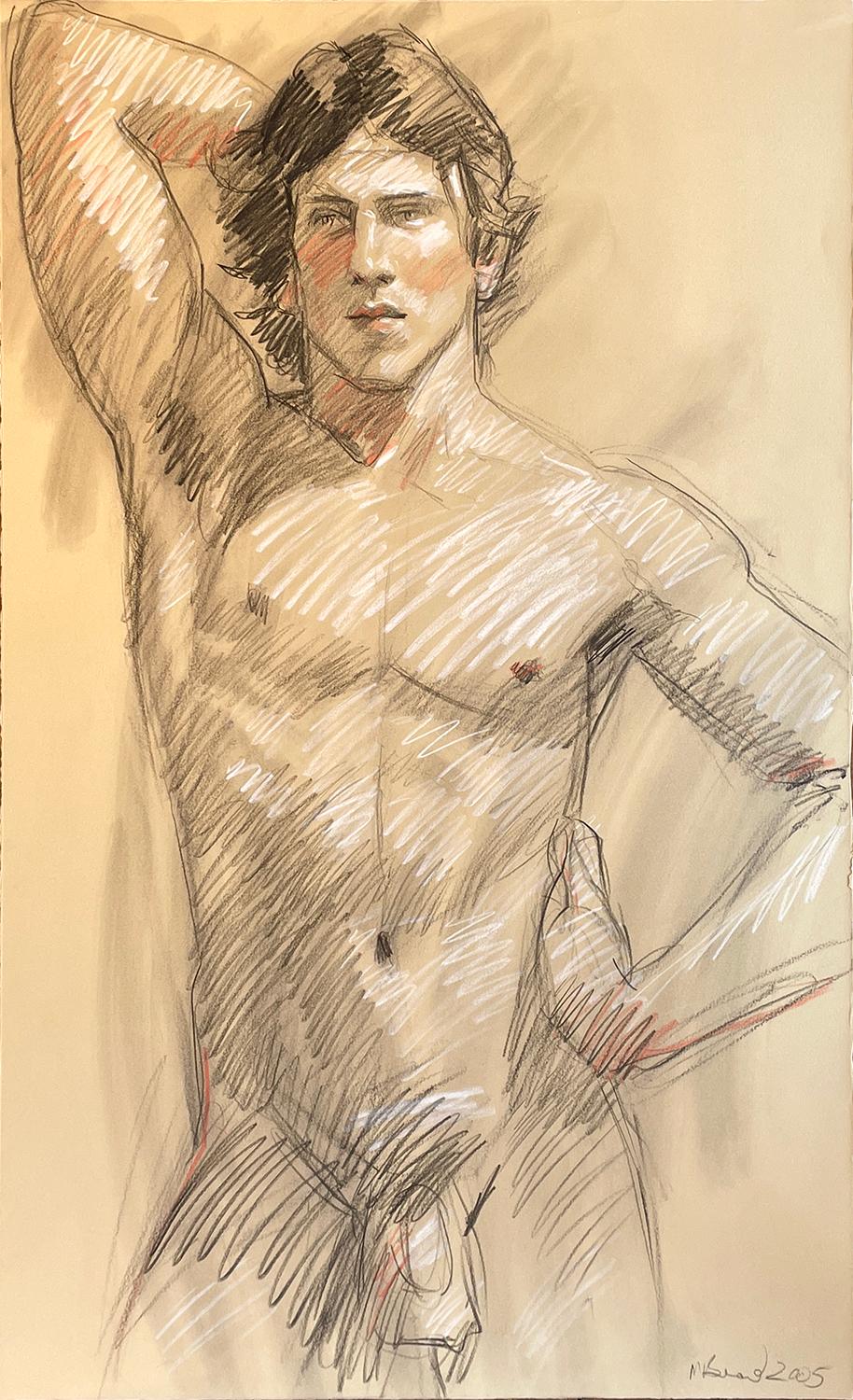 Academic life drawing of male nude with charcoal and graphite by Mark Beard, "MB 085A"
graphite, Conte crayon and charcoal on Arches paper
30 x 18.5 inches unframed
Signed, lower right

Contemporary figurative life study drawing of male nude in