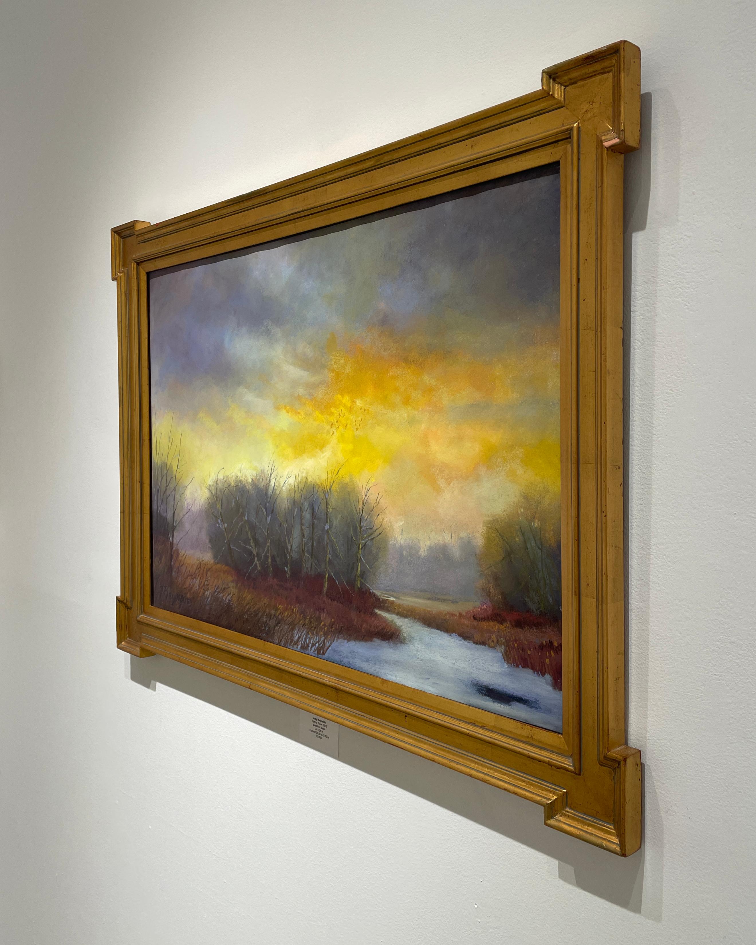 Spring Thaw (Hudson River School Style Landscape Pastel Drawing, Gold Frame) - Painting by Judy Reynolds