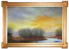 Spring Thaw (Hudson River School Style Landscape Pastel Drawing, Gold Frame)