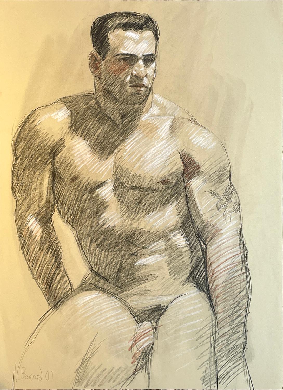 Academic life drawing of male nude with charcoal and graphite by Mark Beard, "MB 080"
graphite, Conte crayon and charcoal on Arches paper
30 x 22 inches unframed
Signed, lower left

Strong facial features and upper body muscles are evidence of the