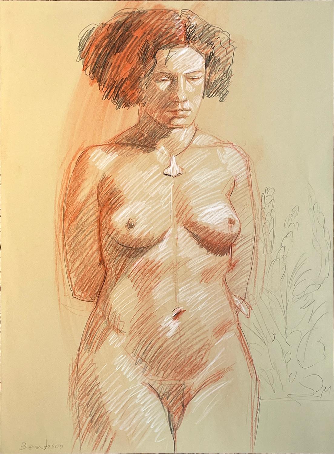 Academic style life drawing of female nude with charcoal and graphite by Mark Beard, "MB 017"
graphite, Conte crayon and charcoal on Arches paper
30 x 22 inches unframed
Signed, lower left

This is a relatively unusual piece from Beard, who is