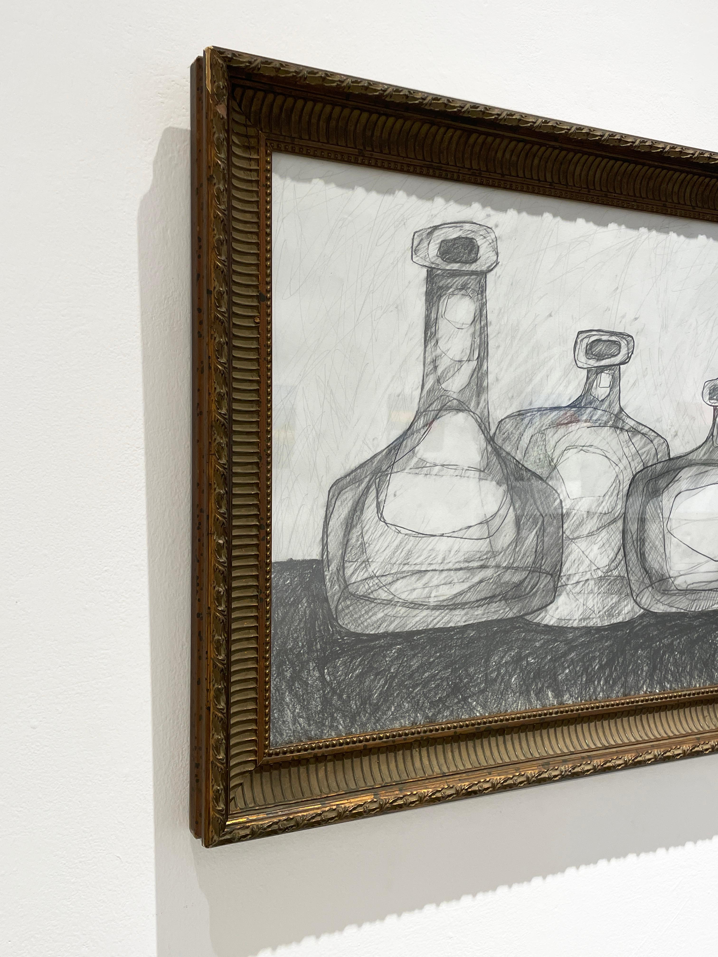 Fünf Morandi-Flaschen (Abstrakte Schwarz-Weiß-Stillleben-Zeichnung in Graphit) (Zeitgenössisch), Art, von David Dew Bruner