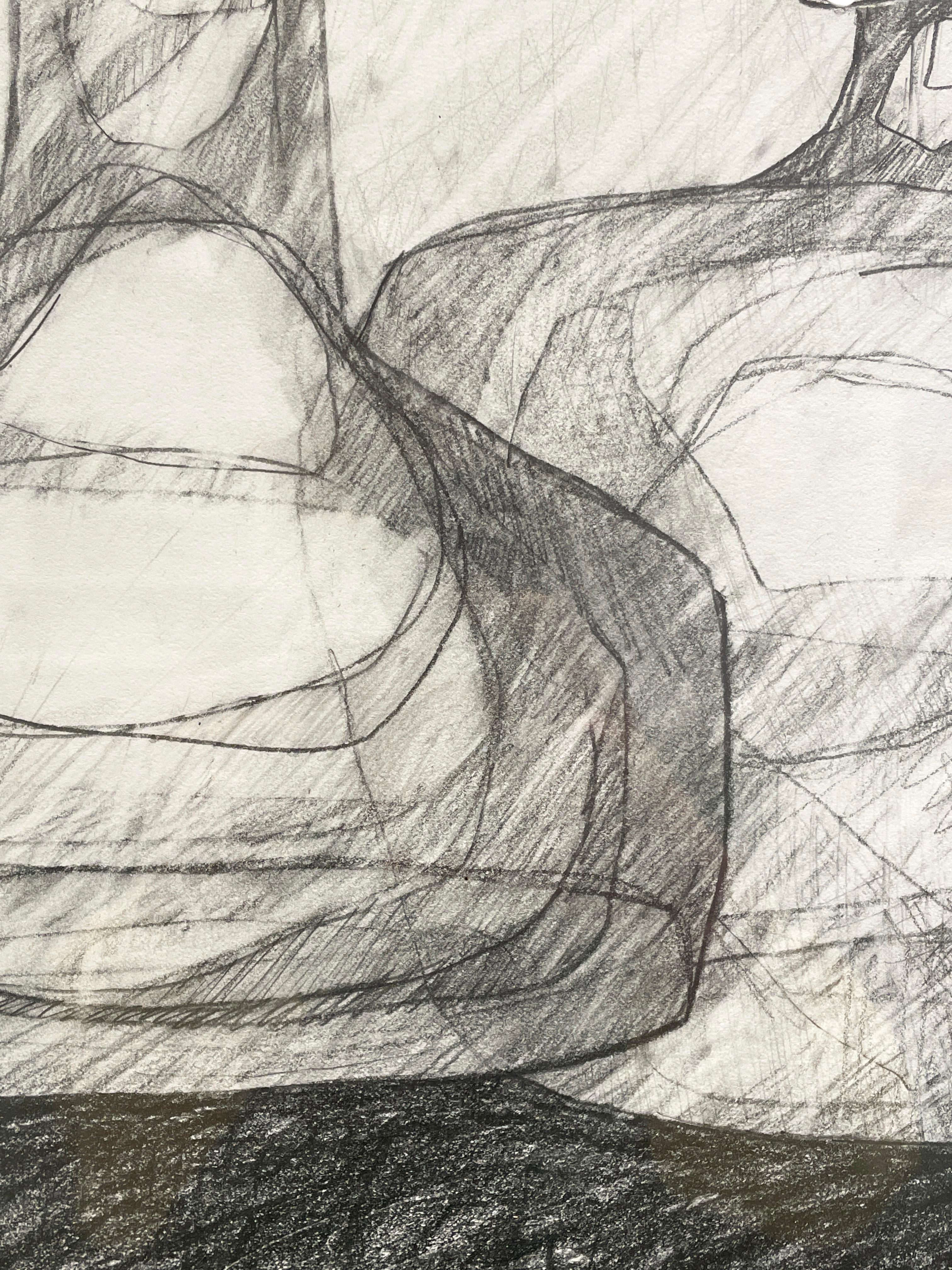 Abstrakte Schwarz-Weiß-Stilllebenzeichnung von Flaschen auf einer Fläche von David Dew Bruner
Graphit auf Papier
19,5 x 38,5 x 1,75 Zoll
Gerahmt im Vintage-Rahmen, hängt bündig an der Wand

Die Serie 