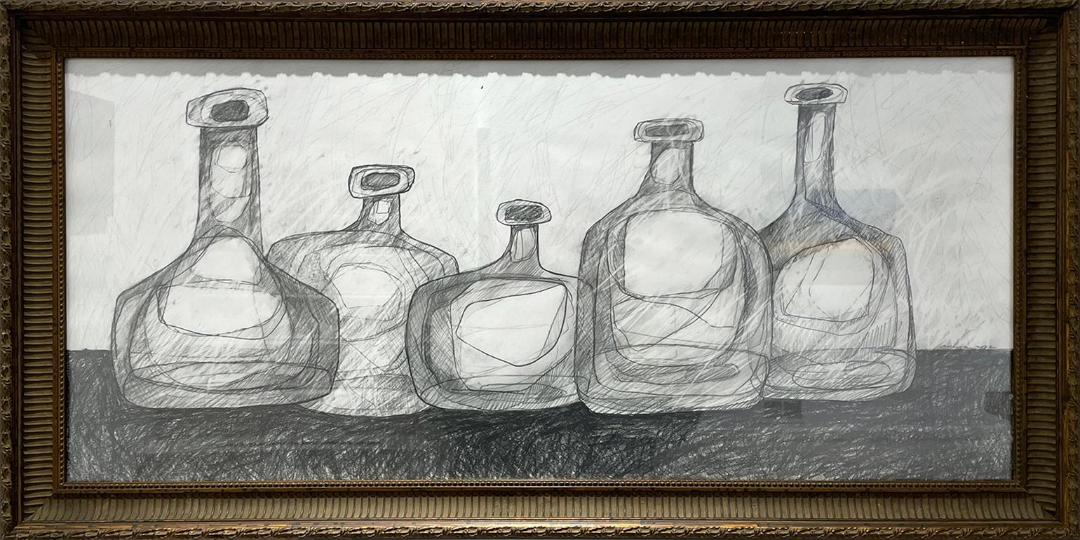 Fünf Morandi-Flaschen (Abstrakte Schwarz-Weiß-Stillleben-Zeichnung in Graphit)