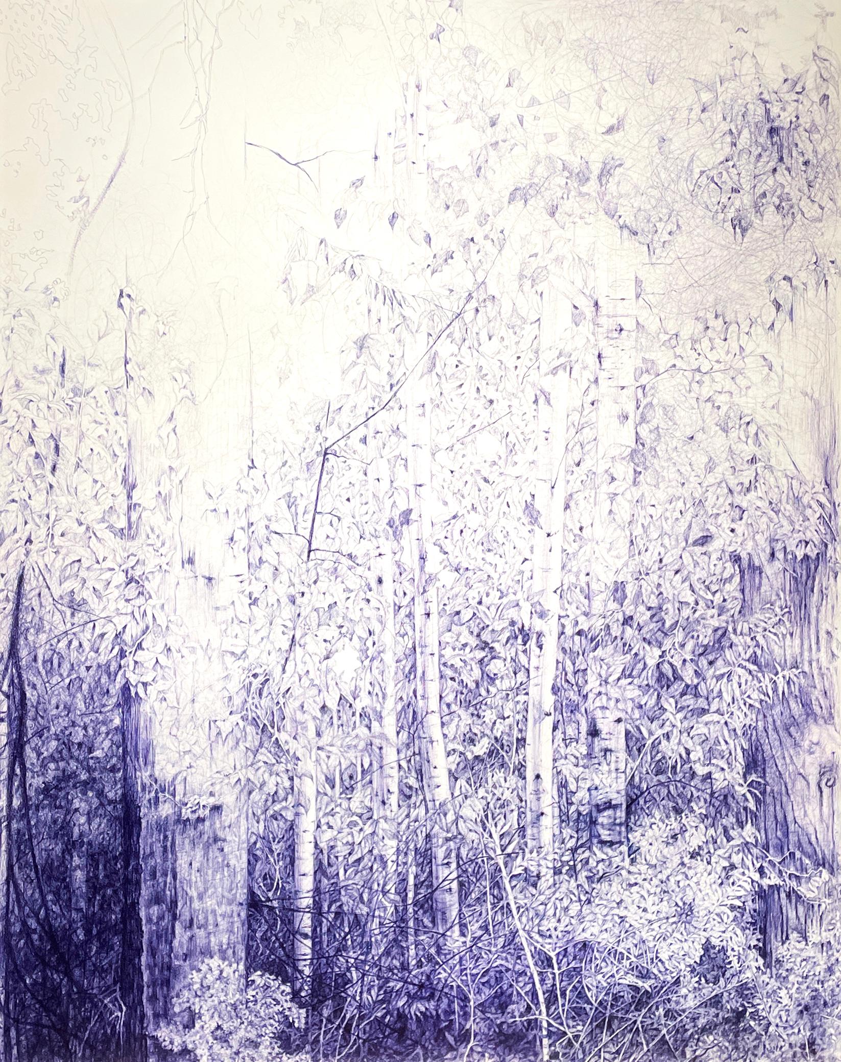 Linda Newman Boughton Landscape Art - Yield and Overcome (Landscape Drawing of Forest in Archival Blue Ballpoint Pen)