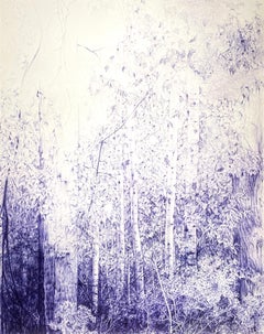 Yield and Overcome, dessin de paysage de la forêt au stylo à bille bleu d'archives