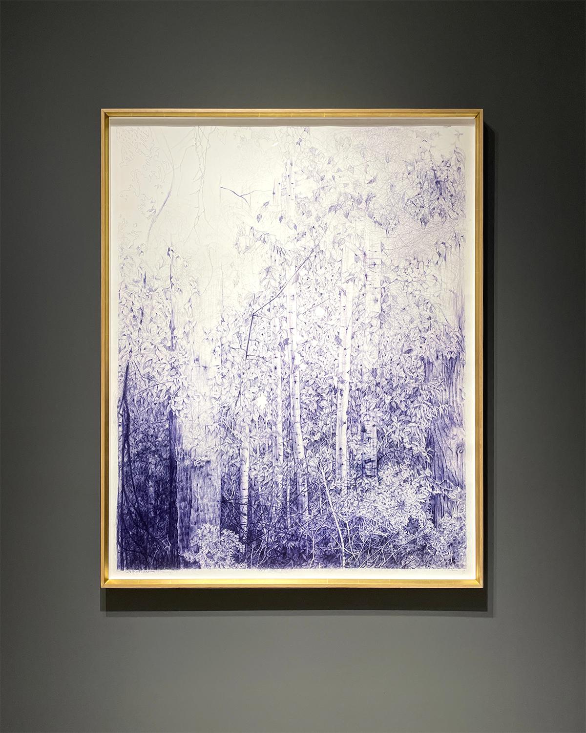 Yield and Overcome (Landscape Drawing of Forest in Archival Blue Ballpoint Pen) - Art by Linda Newman Boughton