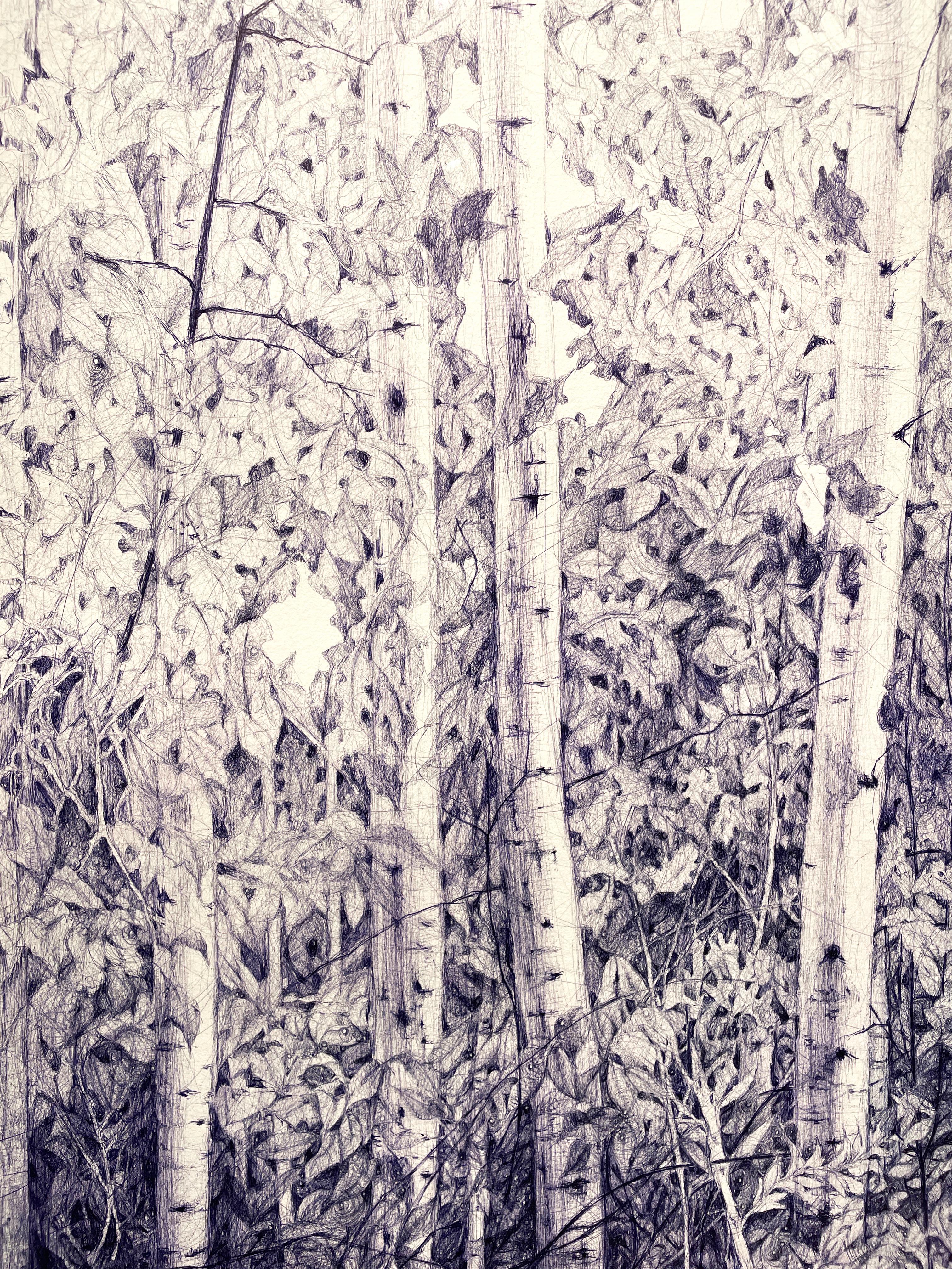 Yield and Overcome (Landscape Drawing of Forest in Archival Blue Ballpoint Pen) - Contemporary Art by Linda Newman Boughton
