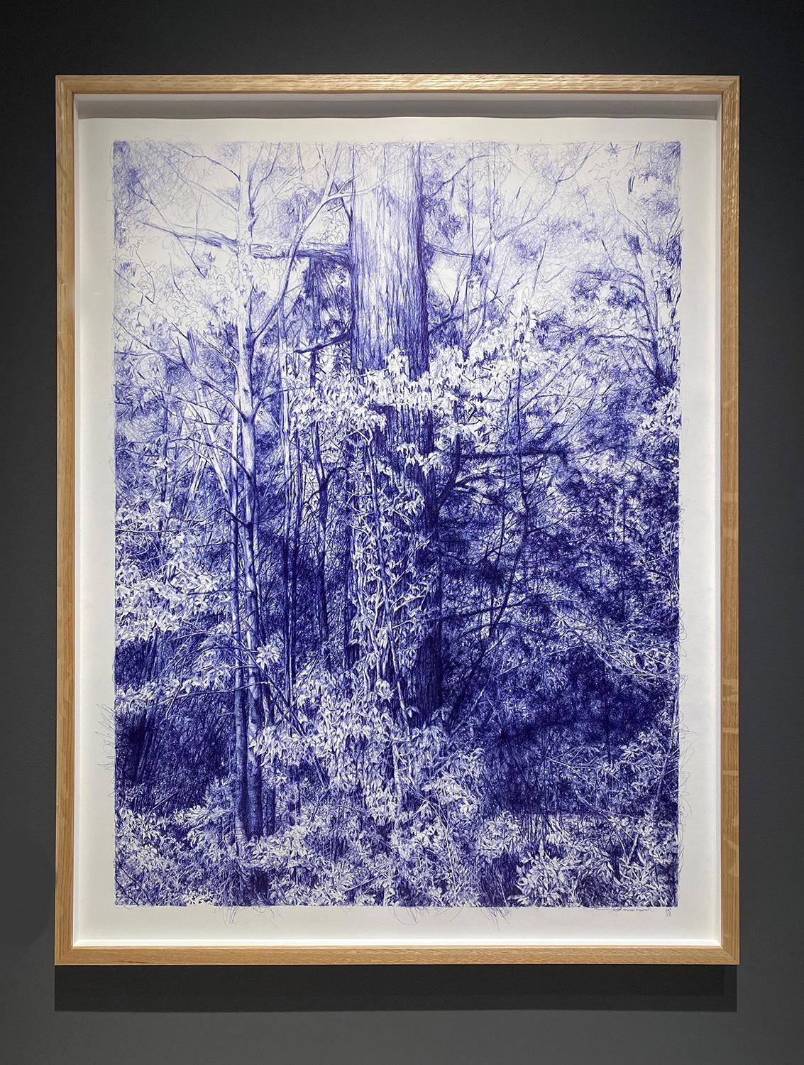 Oracle of Bastet, dessin au stylo bleu d'un paysage forestier avec arbres - Art de Linda Newman Boughton