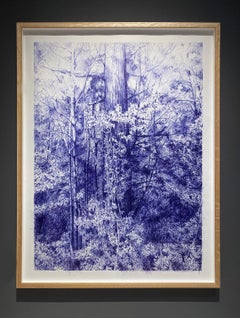 Oracle of Bastet (Blaue Kugelschreiberzeichnung einer Waldlandschaft mit Bäumen)